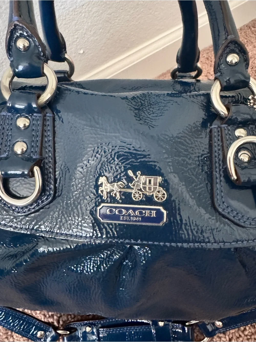 Coach PatentLeather BLUE Madison Satchel in Navy